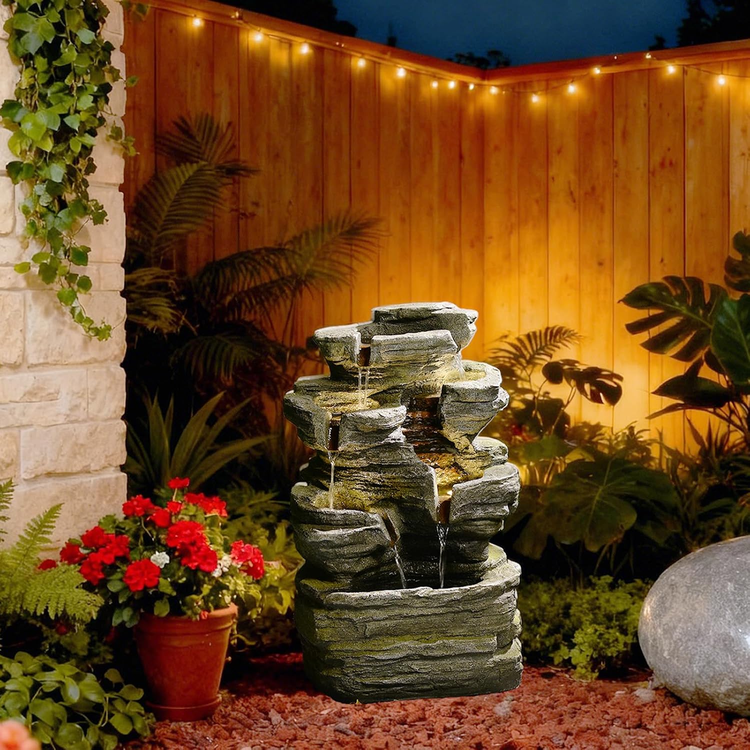 Bumilgar 6-Tier Cascading Rock Water Fountain Outdoor Garden Waterfall Decor for Garden, Patio, Backyard, Deck, Porch and Home Art Decor,24.4' H Outdoor Fountain with Lights