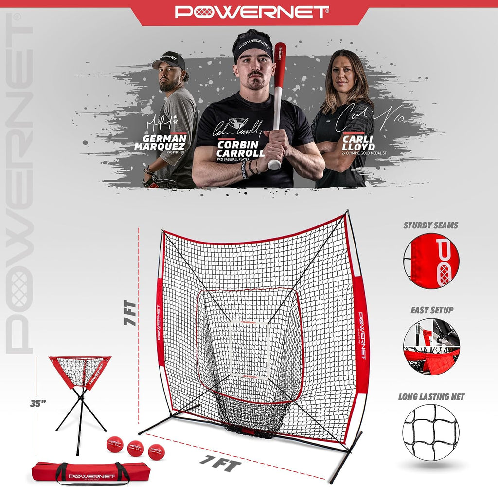 PowerNet Baseball Softball Practice Net 7x7 with Baseball Accessories for Practice Pitching, Batting & Fielding, Ball Caddy, Weighted Baseballs, Tee