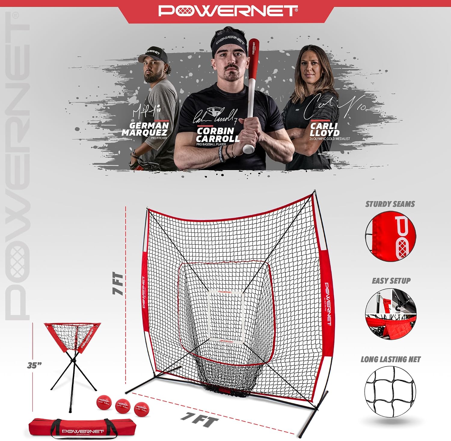 PowerNet Baseball Softball Practice Net 7x7 with Baseball Accessories for Practice Pitching, Batting & Fielding, Ball Caddy, Weighted Baseballs, Tee