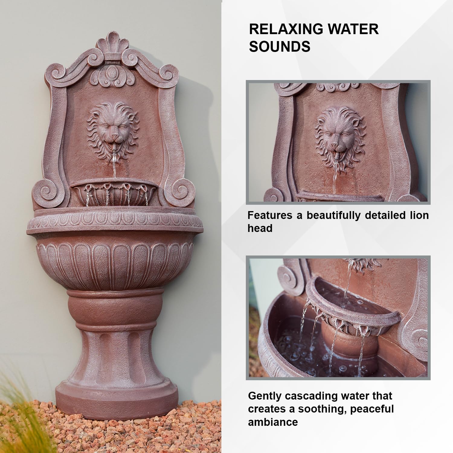 Xbrand 52.4' Sandstone Lion Head Floor Fountain, Two-Tier Outdoor Water Feature, Durable Resin Construction