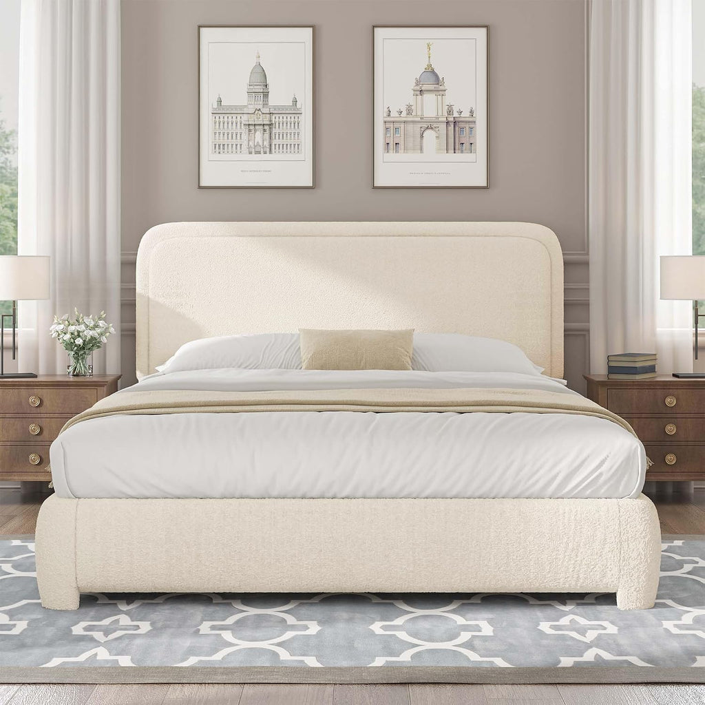 BarnFurin Queen Bed Frame with Headboard, Cloud Boucle Upholstered Platform Bed with Wood Slats, Soft Rounded Corners, No Box Spring Required, Non-Slip and Noise-Free, Easy Assembly, Cream