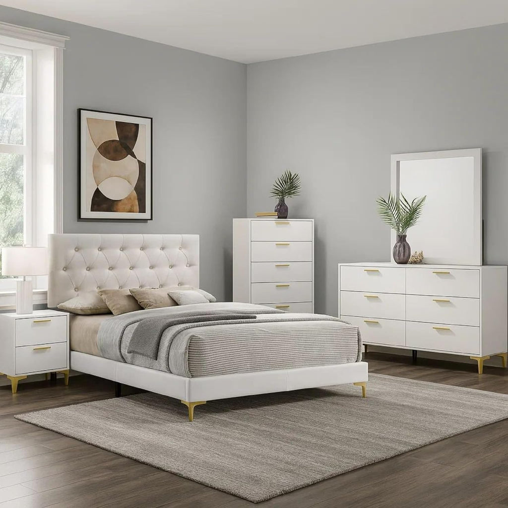 Benzara Dle 5 Piece Queen Bedroom Set, White Faux Leather, Modern Gold Accents