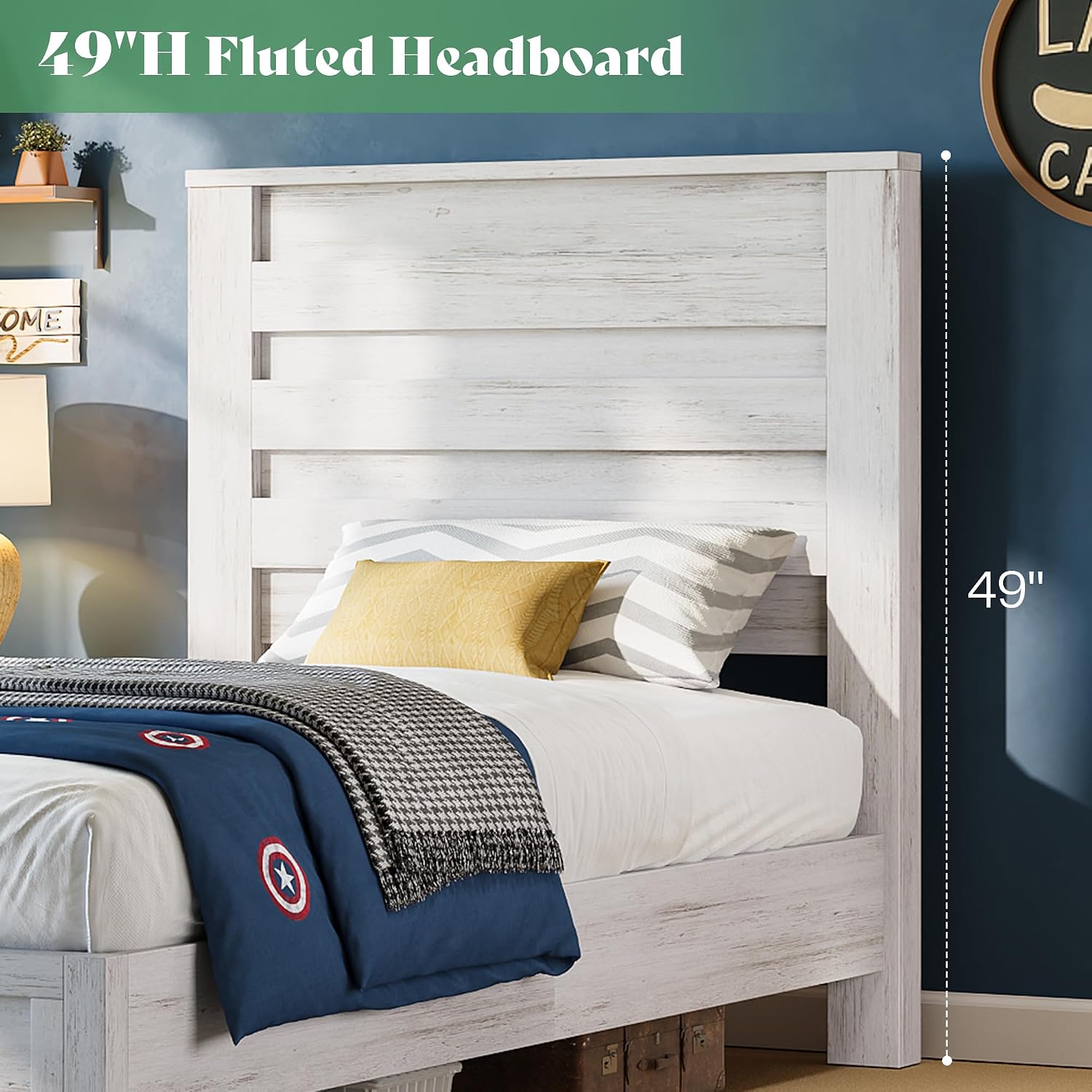 AMERLIFE Farmhouse Twin Bed Frame with 49' Fluted Headboard, Platform Bed with Natural Wood Grain Finish, Noise Free, No Box Spring Needed, Distressed White