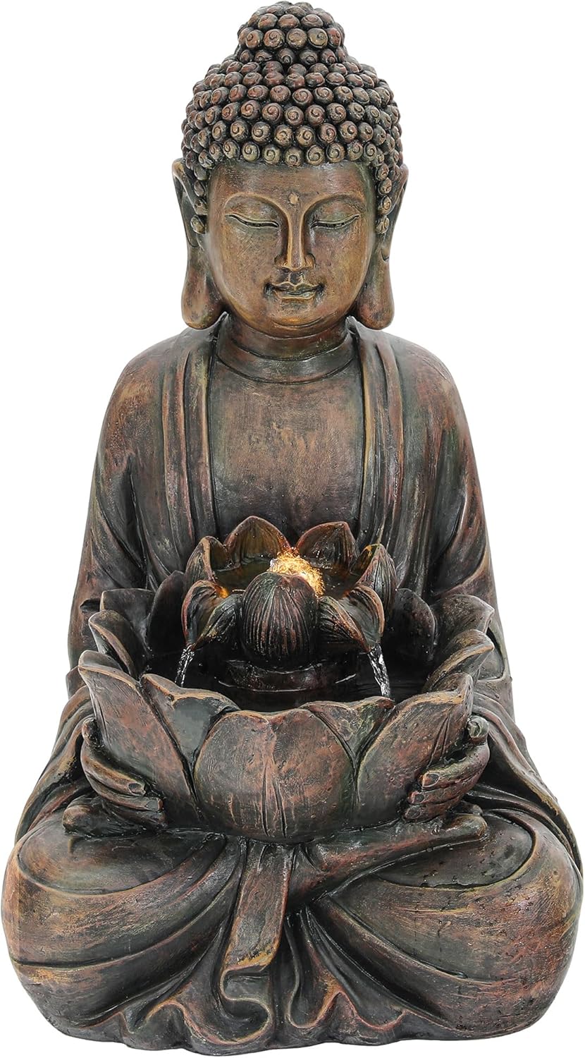 29' Outdoor Fountain, Zen Meditating Buddha Water Feature with LED Lights, Resin Lotus Soothing Cascading Waterfall for Patio, Backyard, Garden or Porch