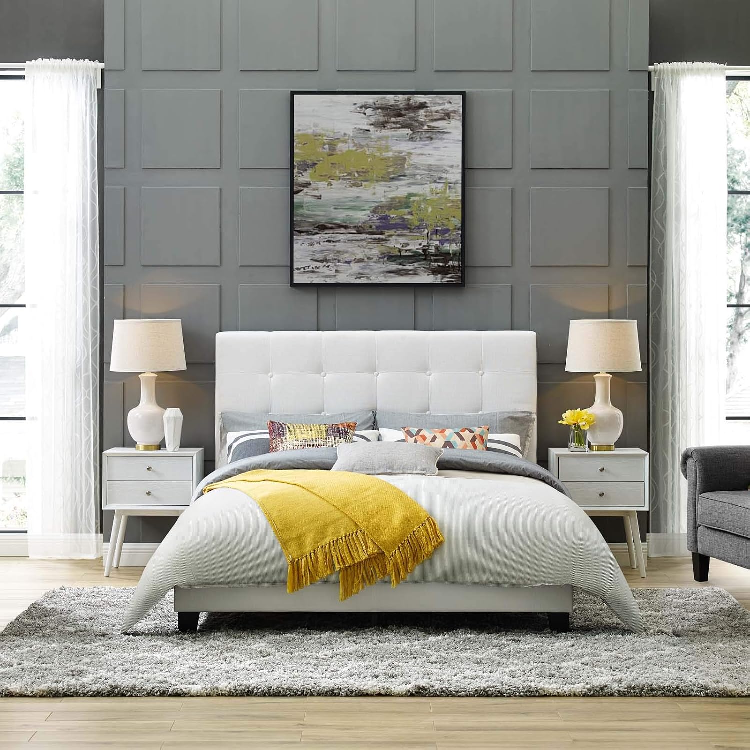 Modway Melanie Tufted Fabric Upholstered King Platform Bed in White