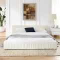 Queen Size Upholstered Bed with Chenille Fabric with Pleated Design, Grounded Platform Bed with Headboard, Solid Wood Floor Bed Frame with Thick Fabric for Bedroom,Guest Room (Beige-JA3)
