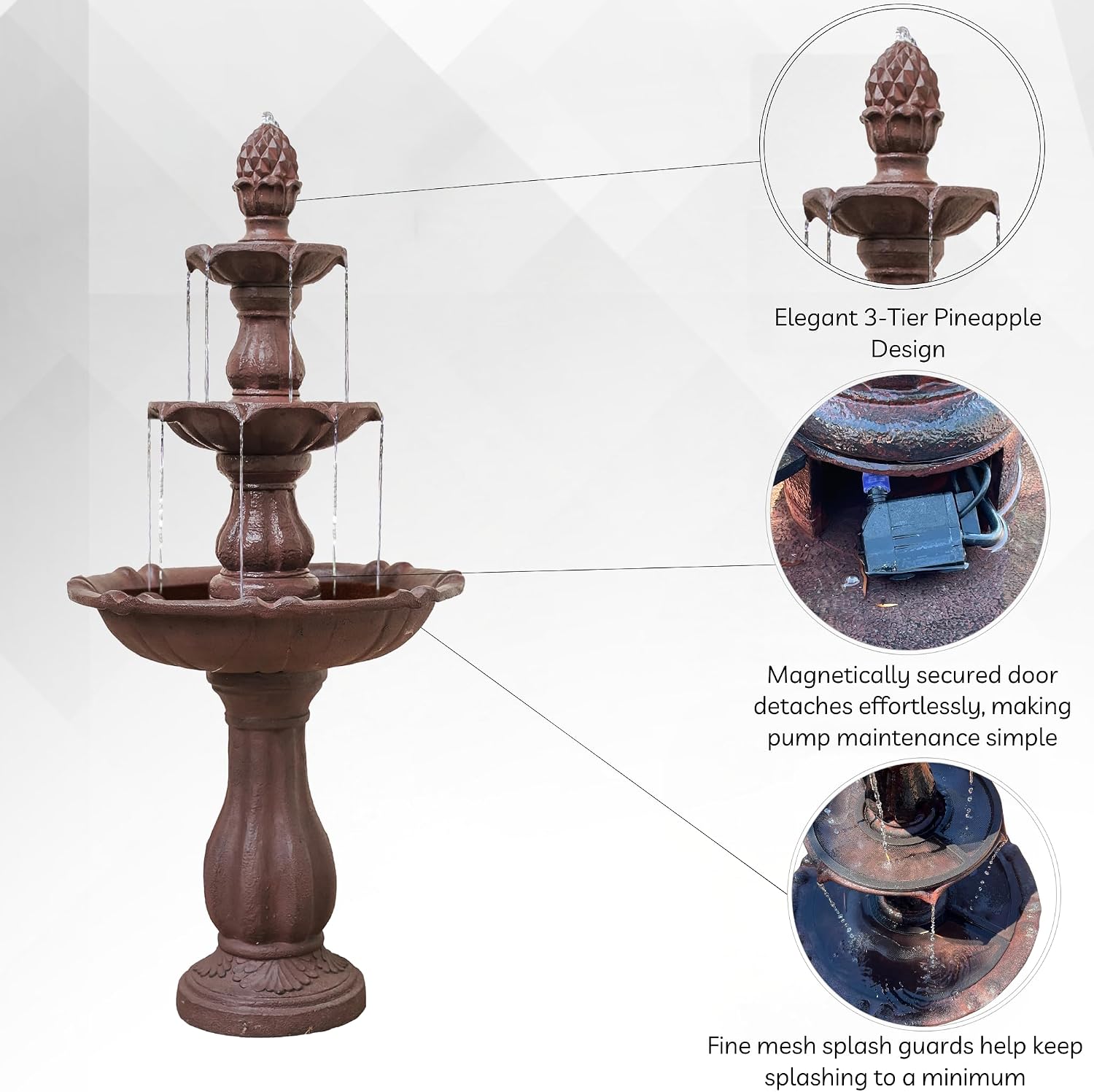 XBrand 51' 3-Tier Outdoor Waterfall Fountain, Weather-Resistant Resin Freestanding Water Feature with Pump, Brown