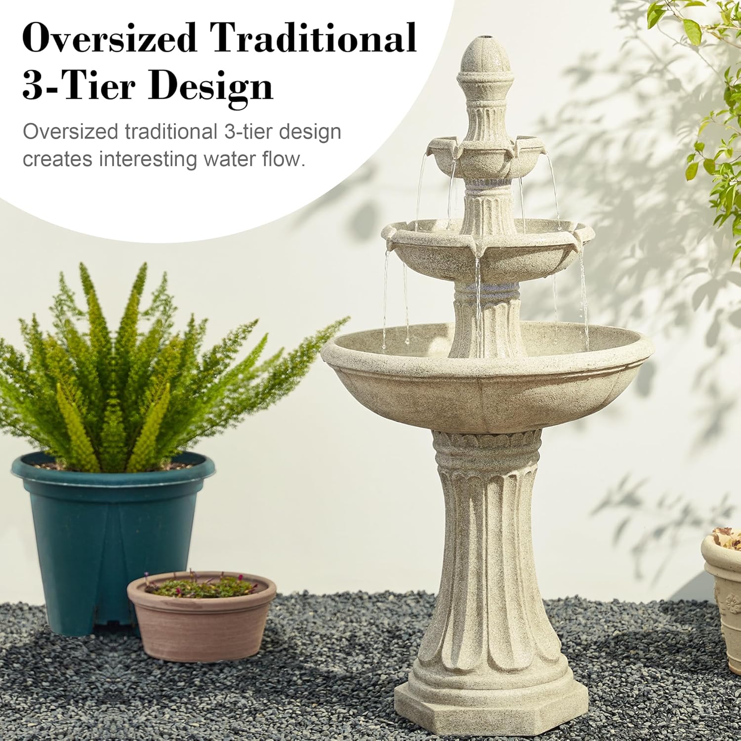 Glitzhome Water Fountain Outdoor Floor-Stand Fountains with LED Light & Pump, Oversized 3 Tier Terrazzo Waterfalls Patio Fountain and Waterfalls Outdoor Yard Fountains for Lawn Garden Backyard Deck