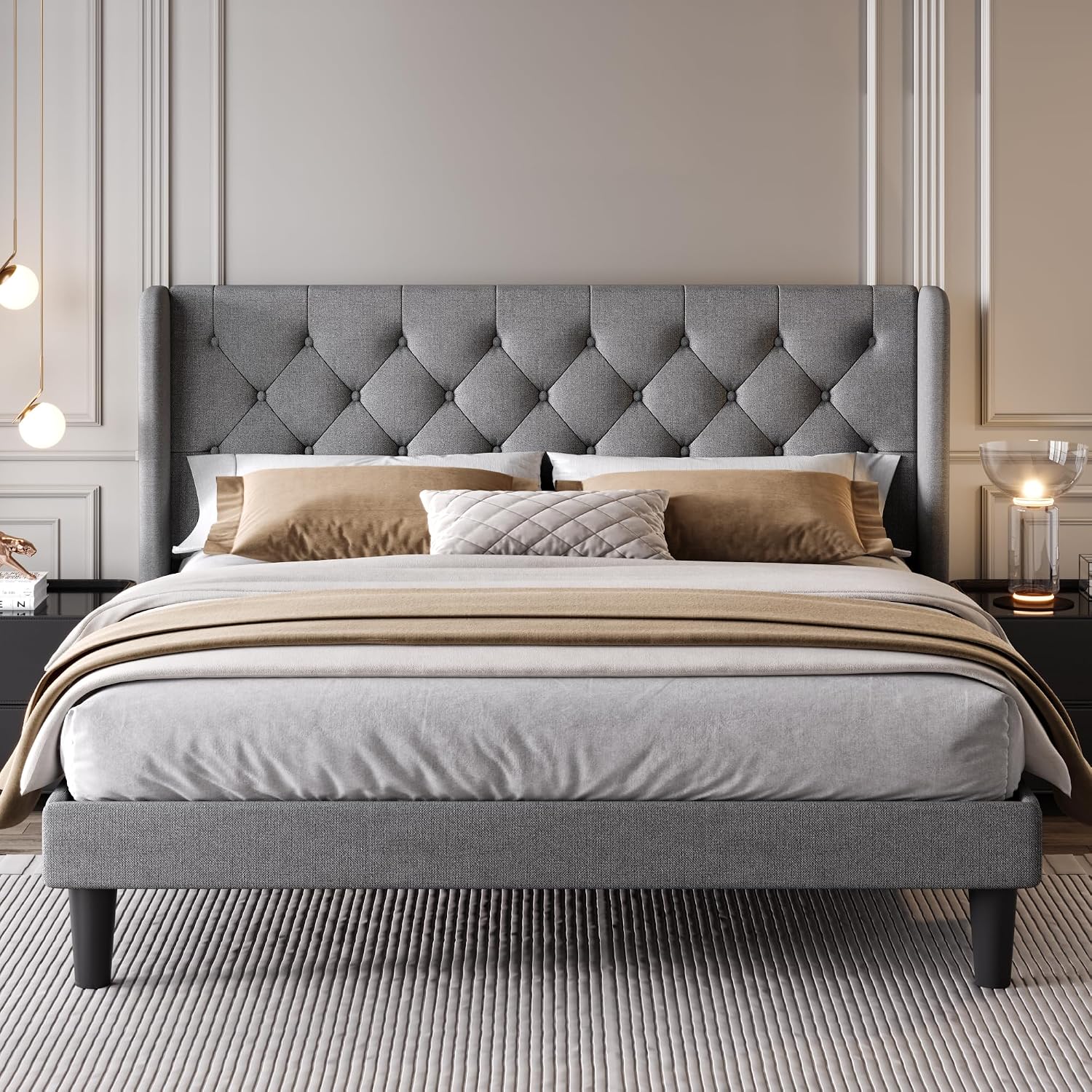 SHA CERLIN King Size Upholstered Platform Bed Frame with Wingback Headboard, Tufted Linen Fabric, Wooden Slats Support, Easy Assembly, Light Grey