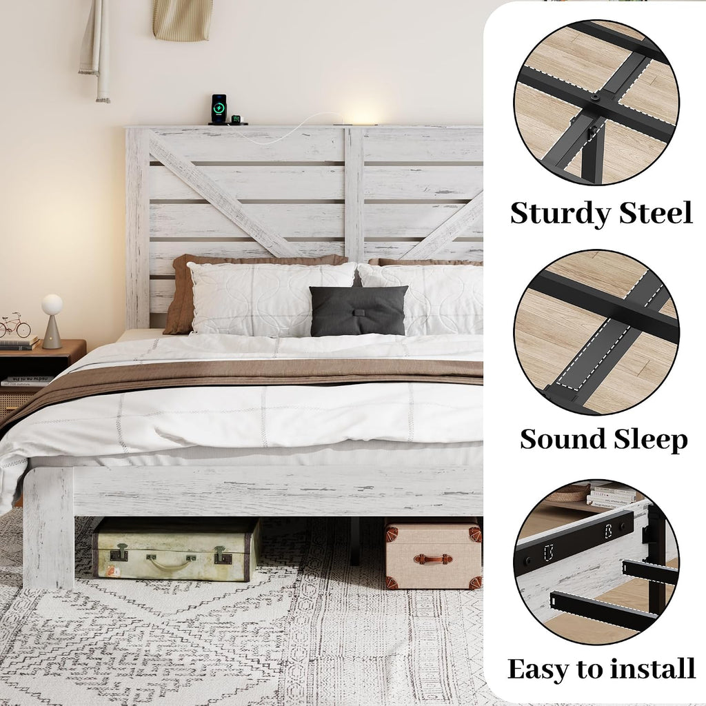 Full Size Bed Frame with Headboard – Farmhouse Style Platform with LED Lights USB Charging No Box Spring Easy Assembly White Boho Bed Frame Modern Bedroom Sets (Boho White, Full)
