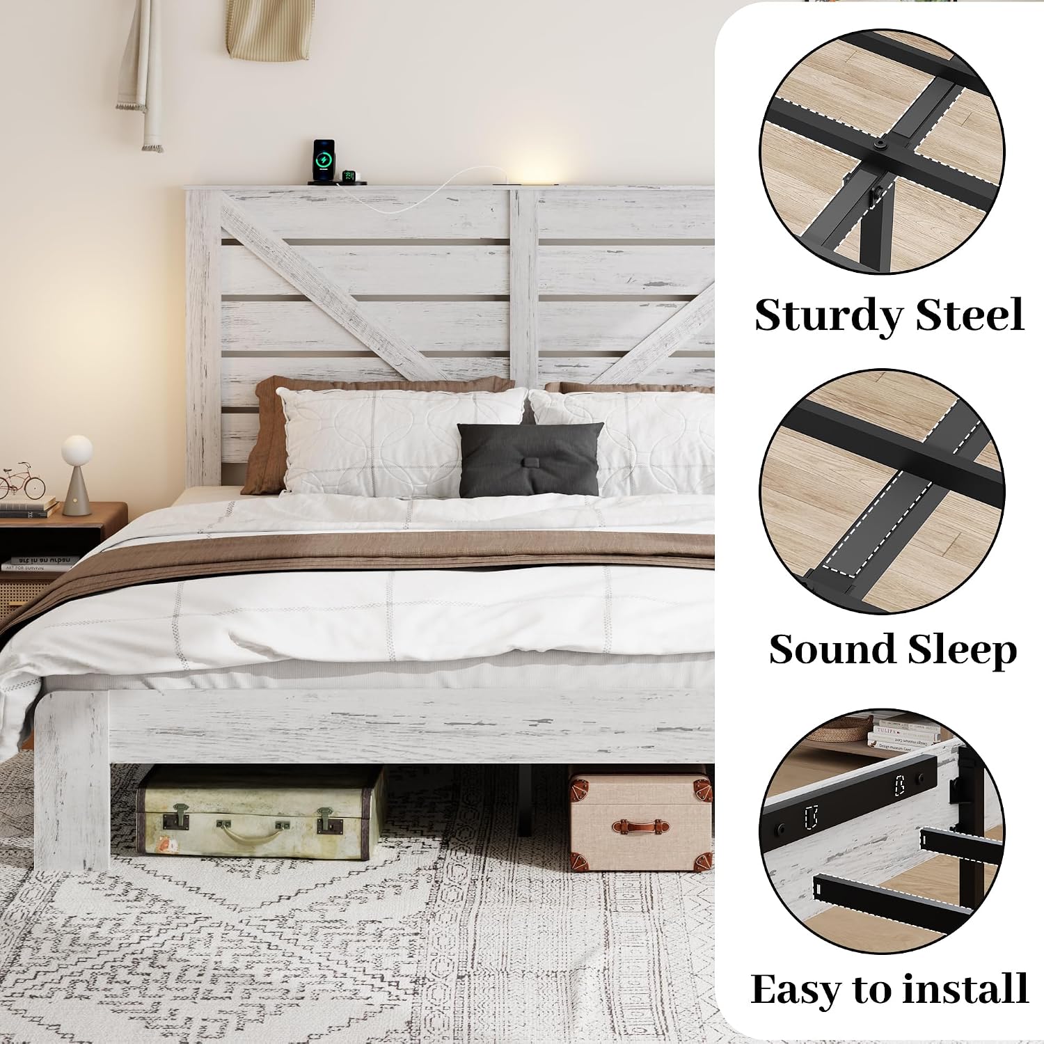 Full Size Bed Frame with Headboard – Farmhouse Style Platform with LED Lights USB Charging No Box Spring Easy Assembly White Boho Bed Frame Modern Bedroom Sets (Boho White, Full)