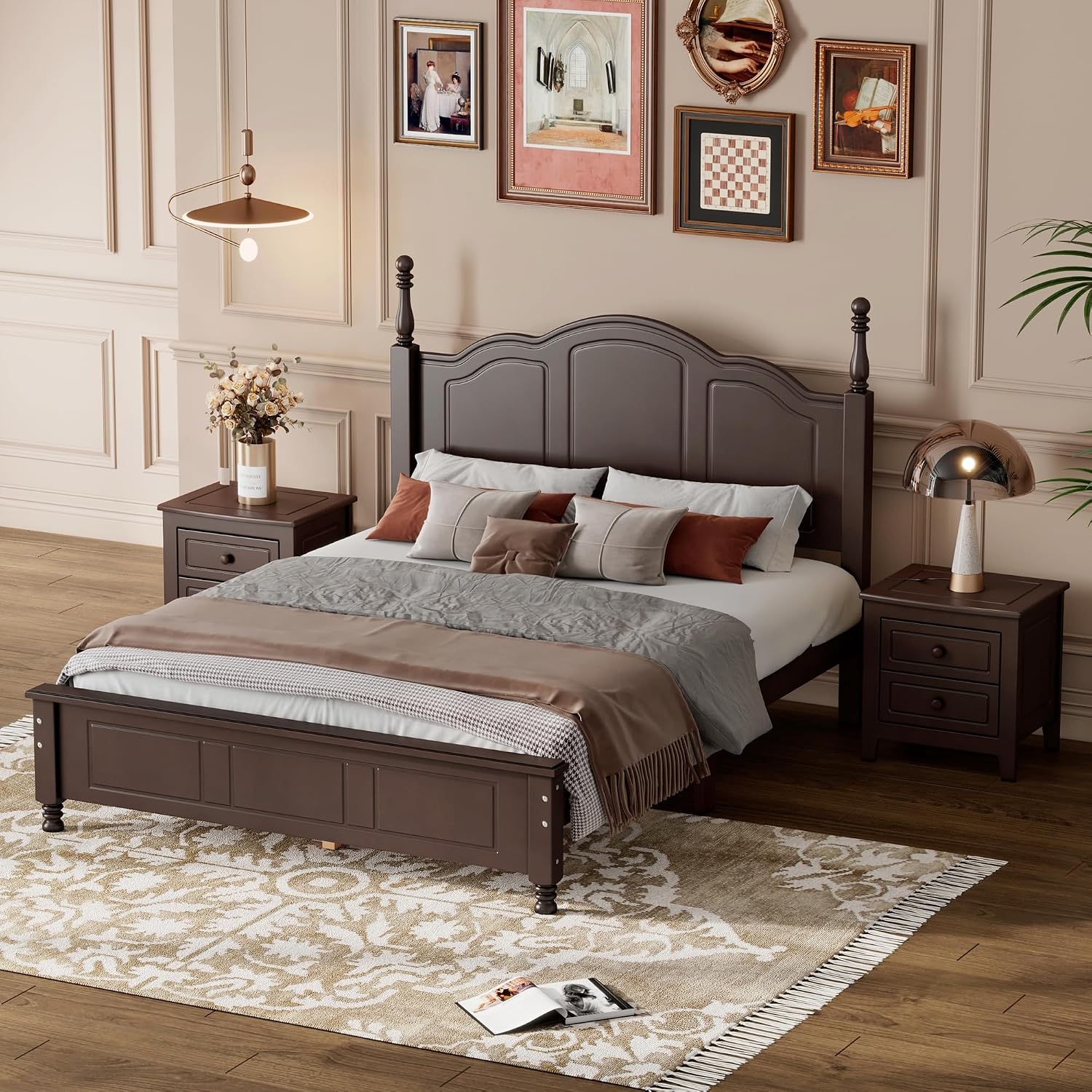 VilroCaz Retro Design 3-Pieces Bedroom Sets, Full Size Wood Platform Bed and 2 Nightstands with 2 Drawers and Sturdy Slats Support for Adults Bedroom