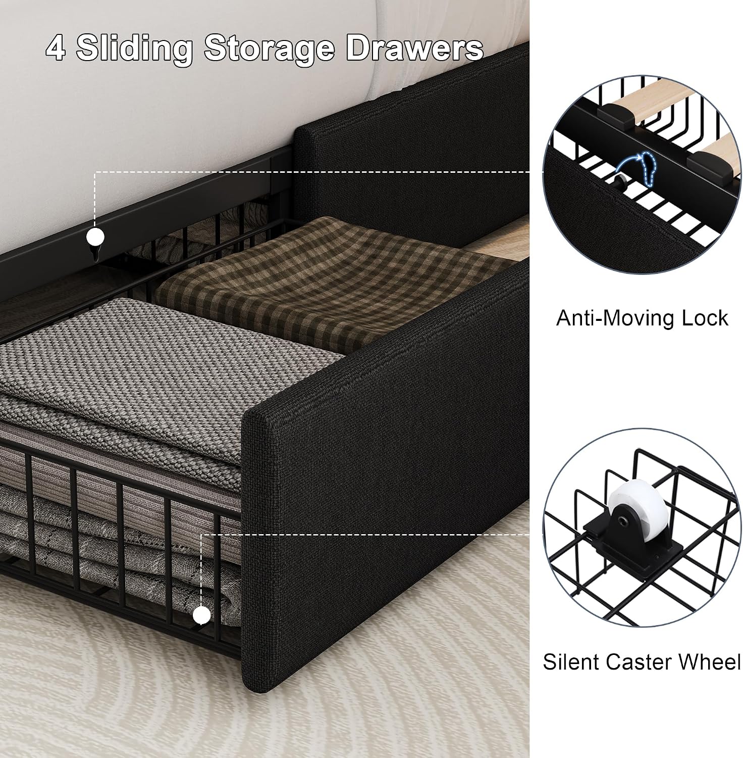 Bed Frame King Size with 4 Storage Drawers & Charging Station, Linen Upholstered Platform Bed with Button Tufted Wingback Headboard, Sturdy Wooden Support Slats, No Box Spring Needed, Black