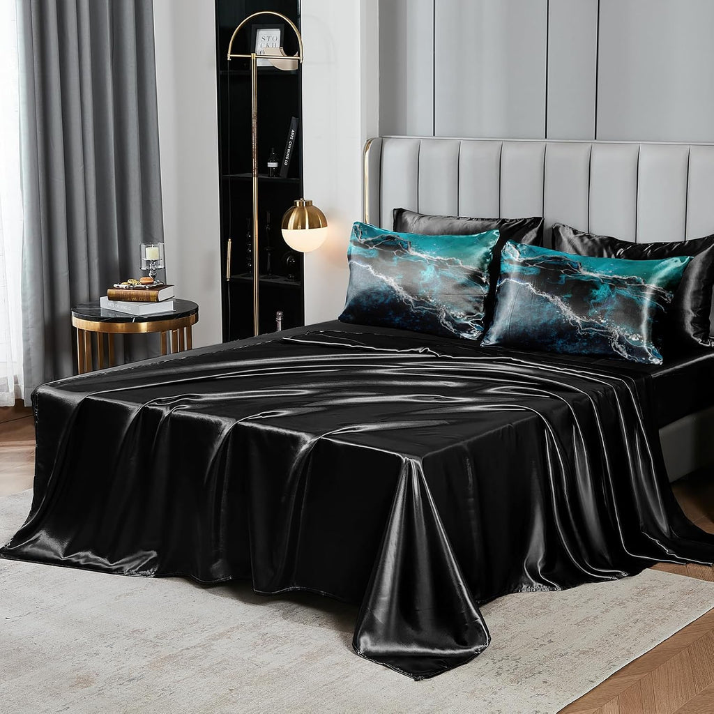 Bedorm Blue Marble Comforter Set King Silky Satin Bed in A Bag Black Marble Stone Abstract Texture Silk Like Black Satin Bedding Set with Comforter and Sheet Set