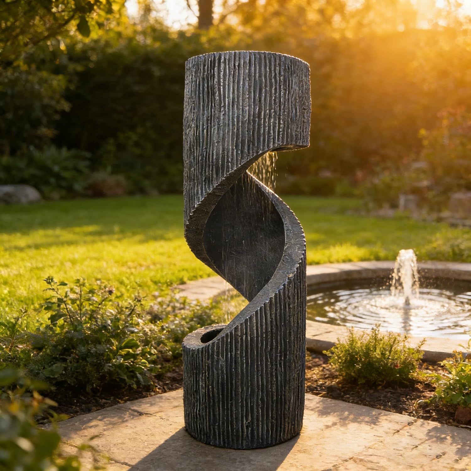 Large Spiral Waterfall Fountain with LED and Planter - Indoor/Outdoor Resin Garden Water Feature, Decorative Waterfalls & Fountains for Patio, Yard 11.8'x11.8'x39.4'(Gray) (Deep Gray)