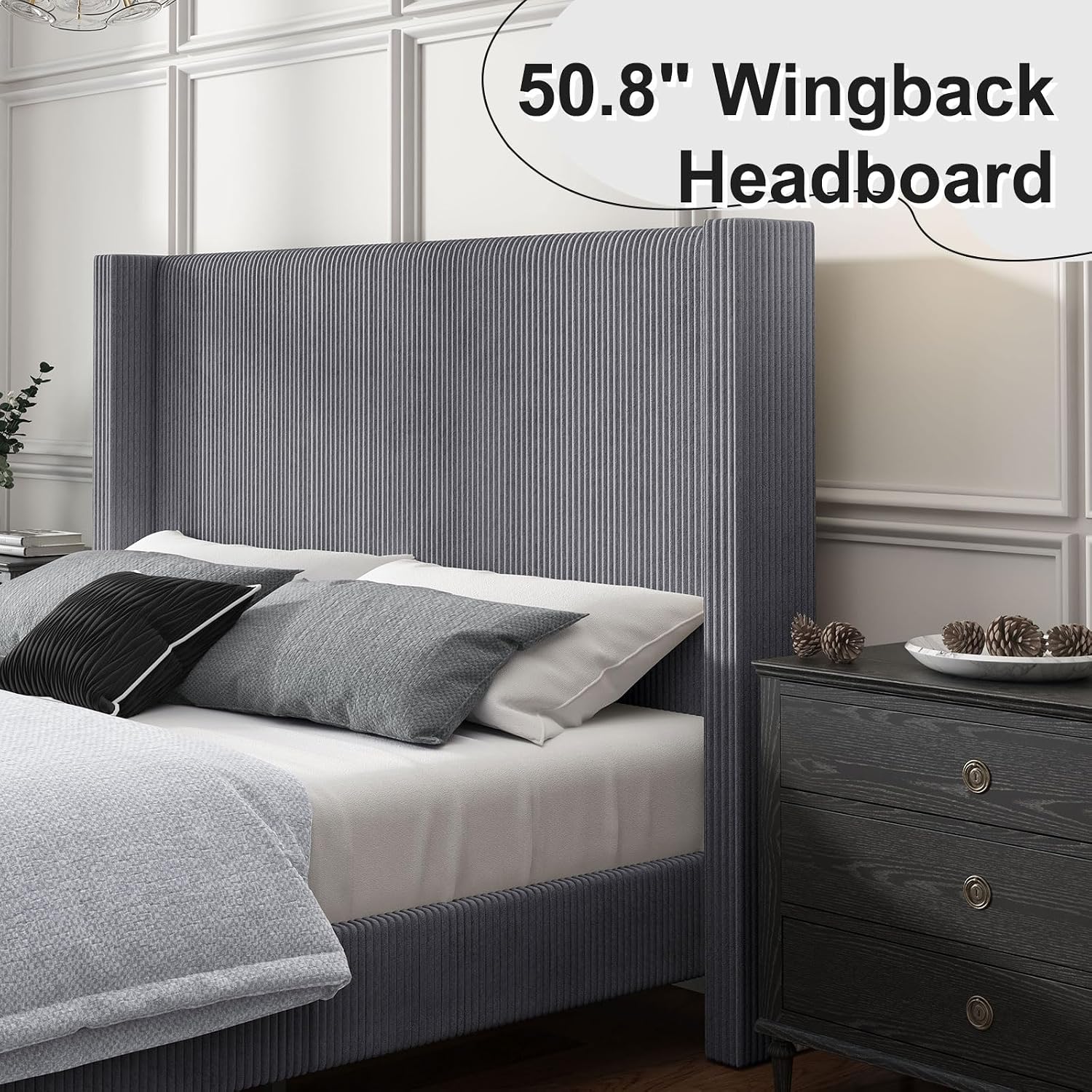 HOWE Queen Size Bed Frame with 50.8' Tall Wingback Headboard, Modern Corduroy Upholstered Platform Bed Frame with Solid Wood Slats & Legs, No Box Spring Needed, Noise-Reducing Design, Grey