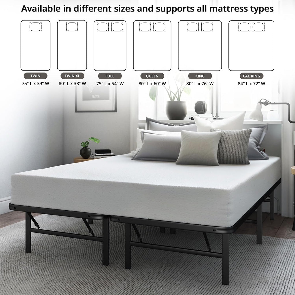 Hercules Folding Metal Bed Frame, 14' Platform Mattress Foundation, No Box Spring Needed, Queen