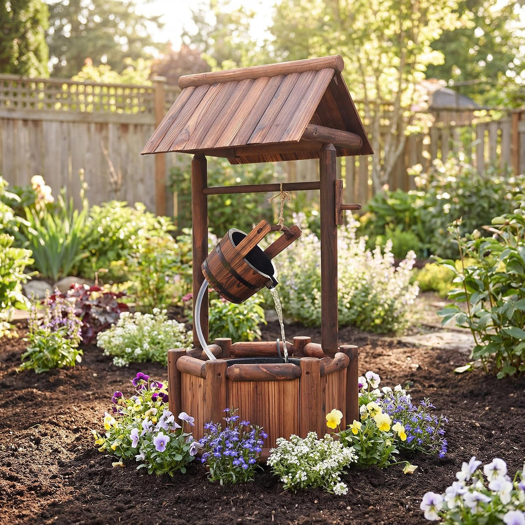 Tangkula Outdoor Wishing Well Water Fountain, Old-Fashioned Wood Waterfall Fountain w/Bucket Pump, Rustic Farmhouse Decoration for Garden, Backyard, 46 Inch Tall (20' x 23' x 46')