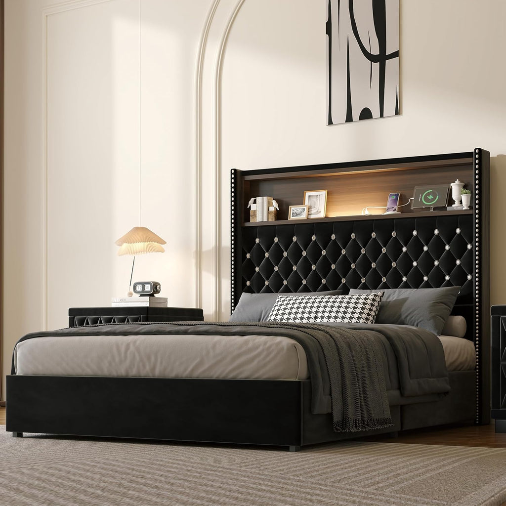 JIVOIT Full Size Bed Frame with Storage, Velvet Tufted Soft Bed Frame with 52'' High Headboard with Rivet Decoration, Wing-Back Platform Bed with Headboard Shelf, No Box Spring Needed (Black,Full,42)