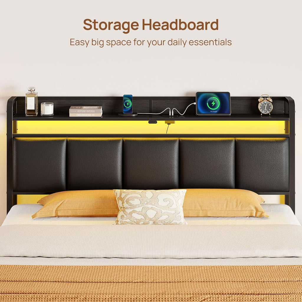 Rolanstar Bed Frame Queen Size with Charging Station and LED Lights, Upholstered Storage Headboard with Drawers, Heavy Duty Metal Slats, No Box Spring Needed, Easy Assembly, Black