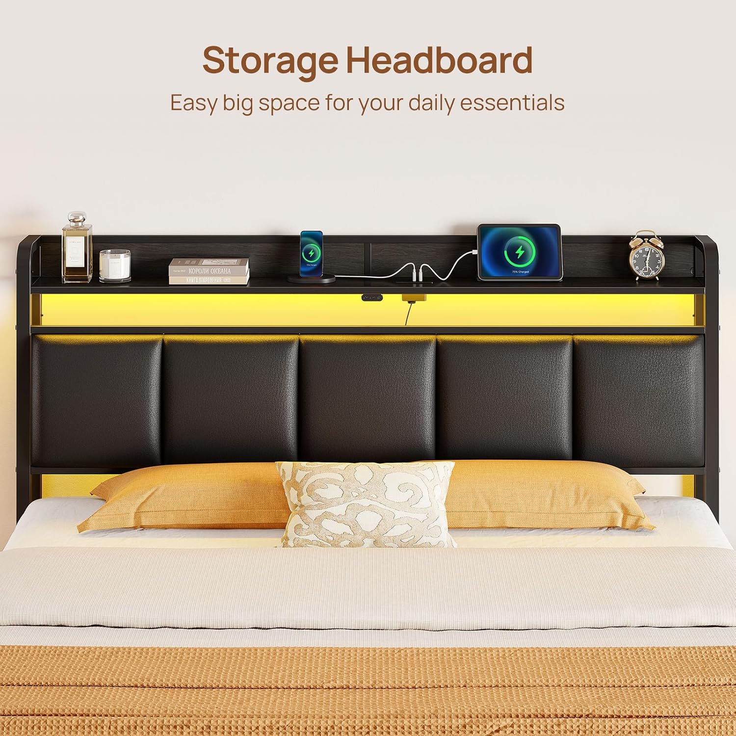 Rolanstar Bed Frame Queen Size with Charging Station and LED Lights, Upholstered Storage Headboard with Drawers, Heavy Duty Metal Slats, No Box Spring Needed, Easy Assembly, Black