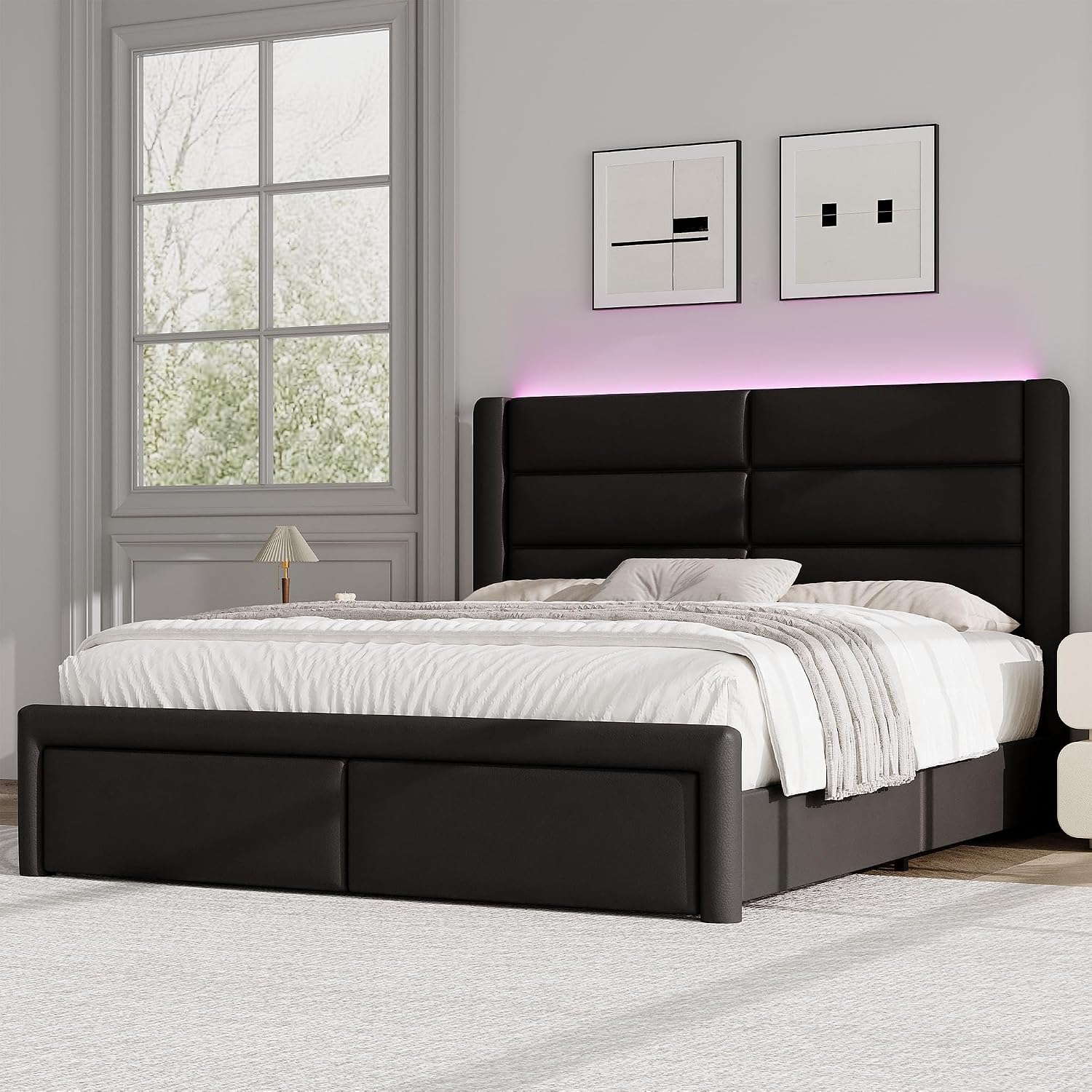 Queen Upholstered Bed Frame with Headboard and LED Lights, Modern Faux Leather Bed Frame with Wooden Slats Support and Heavy Duty Mattress Foundation, No Box Spring Needed, Easy Assembly, Black