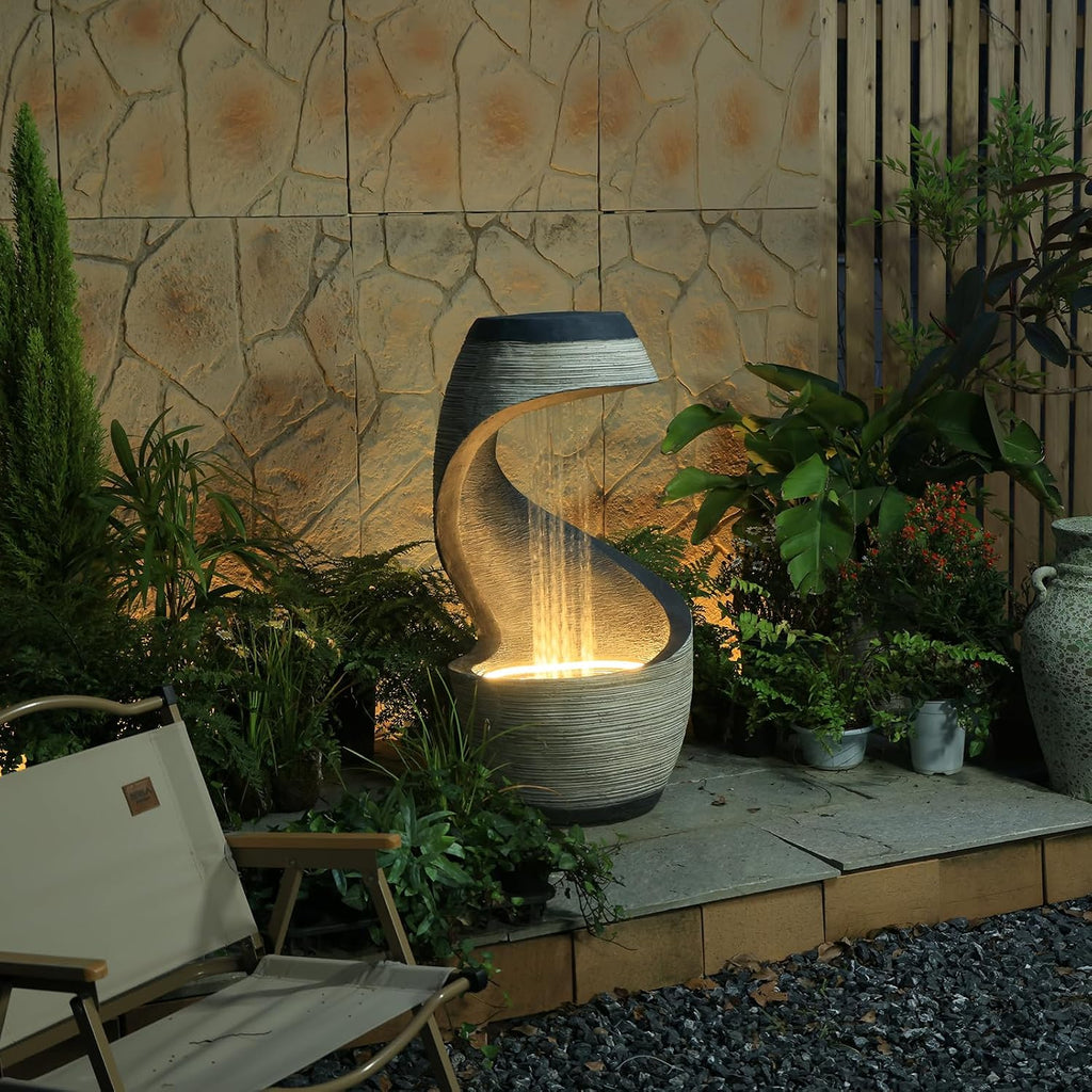 37' S-Shaped Outdoor Water Fountain with LED Lights, Modern Resin Cascading Waterfall Feature for Garden, Patio, Backyard or Porch, Large Decorative Zen Water Feature – 21' L x 21' W x 37.9' H
