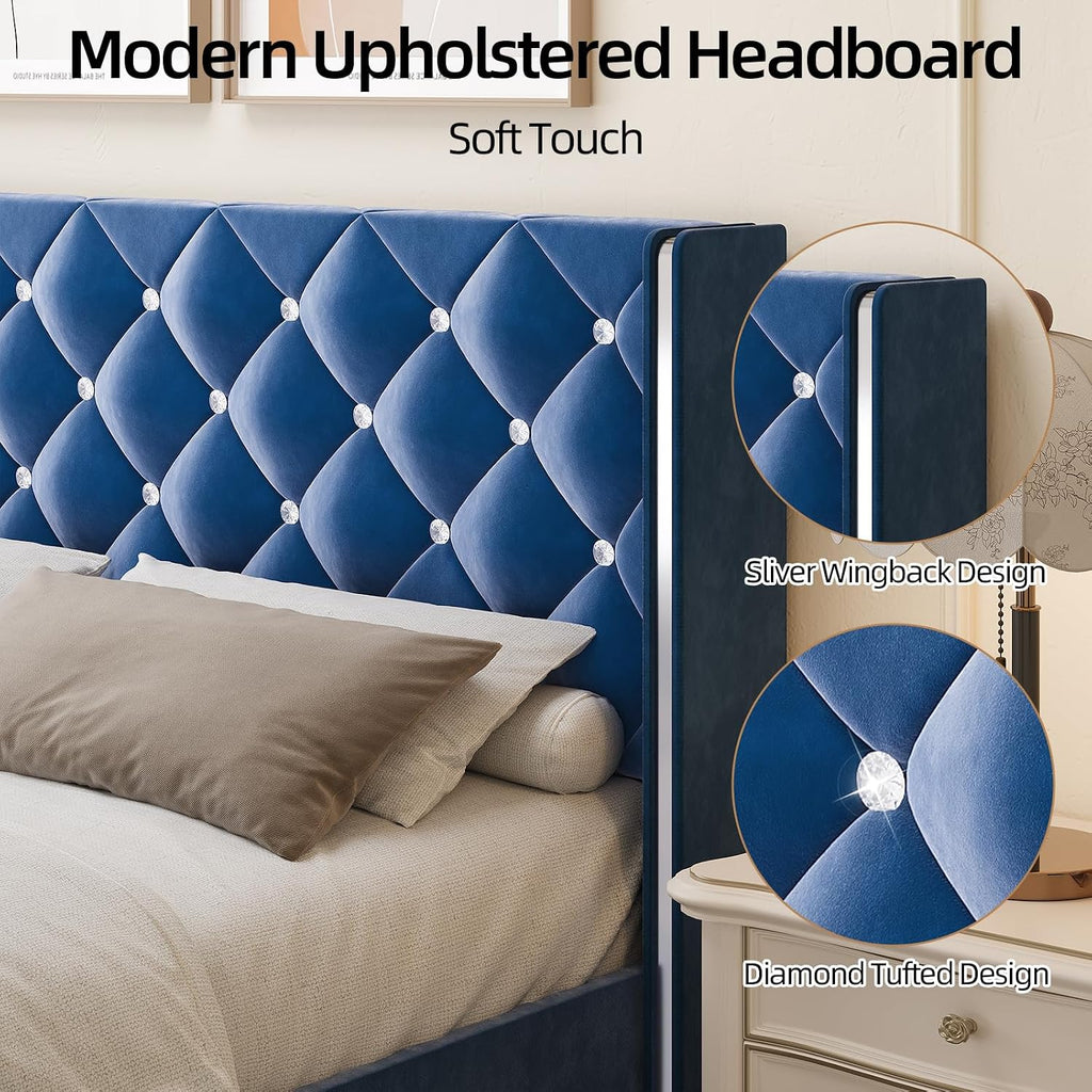 HOMBCK Twin Bed Frames, Upholstered Platform Bed with Diamond Tufted Headboard, Modern Velvet Bed Frame with Wingback Design, No Box Spring Needed, Easy Assembly, Blue
