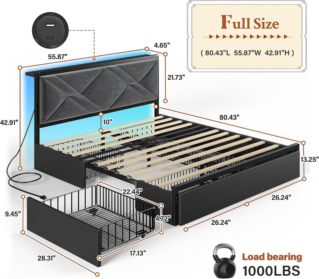 EnHomee Full Size Bed Frame with 6 Storage Drawers and LED Lights,Metal Bed Frame with Upholstered Headboard and Charging Station,NO Noise,Easy Assembly, Black