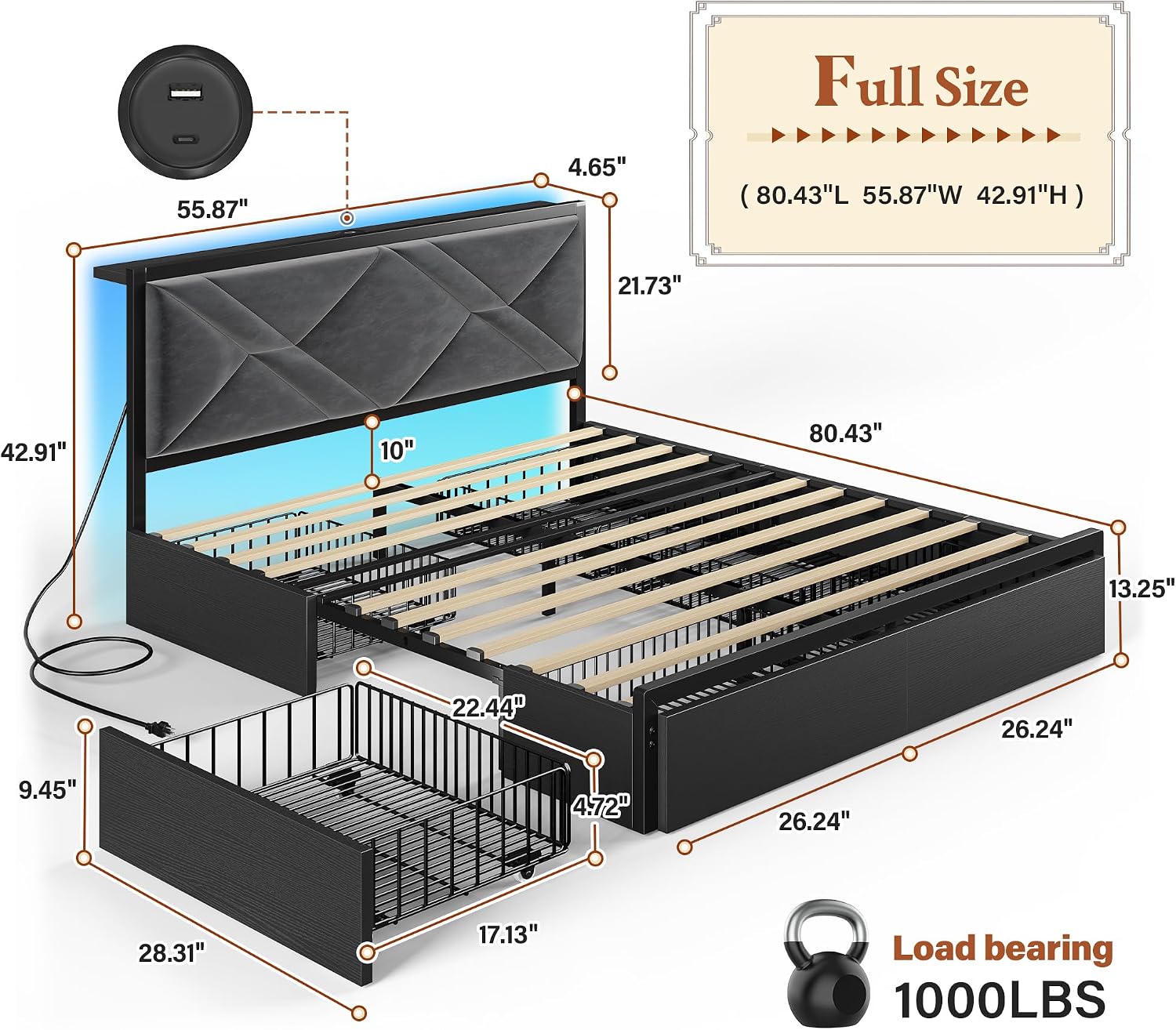 EnHomee Full Size Bed Frame with 6 Storage Drawers and LED Lights,Metal Bed Frame with Upholstered Headboard and Charging Station,NO Noise,Easy Assembly, Black