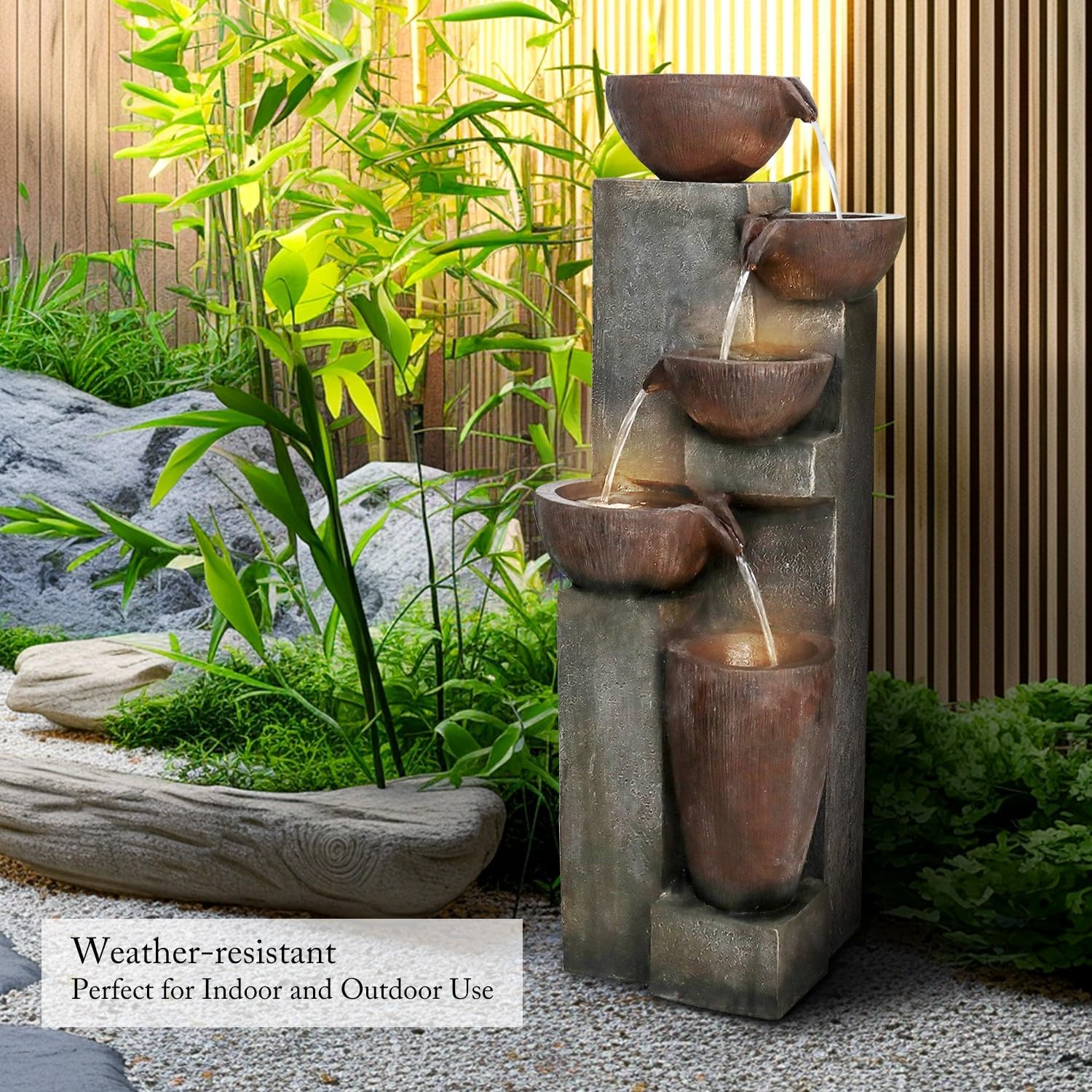 SunJet 5-Tier Cascading Indoor/Outdoor Water Fountain with LED Lights - 39.7' High Large Waterfall Floor Standing Fountain for Garden, Patio, Yard, and Deck Decor - Relaxing Outdoor Water Feature