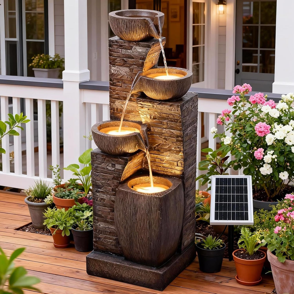 38.2' Tall Solar Water Fountain Outdoor Garden,Stone Texture Modern 4 Tiers Cascading Bowls Garden Fountains Outdoor,Suit for Patio, Deck, Porch, Lawns, Backyard and Home Art Decor