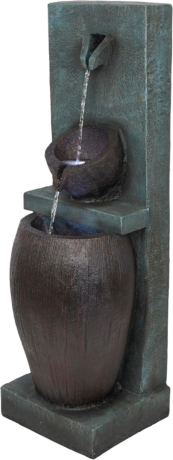 Alpine Corporation TZL388 32' 3 Tier Jar Fountain with LED Lights, Elegant Outdoor Water Feature for Garden, Patio, Backyard, Home Décor, Ceramic Water Fountain & Landscape Decorations, Gray