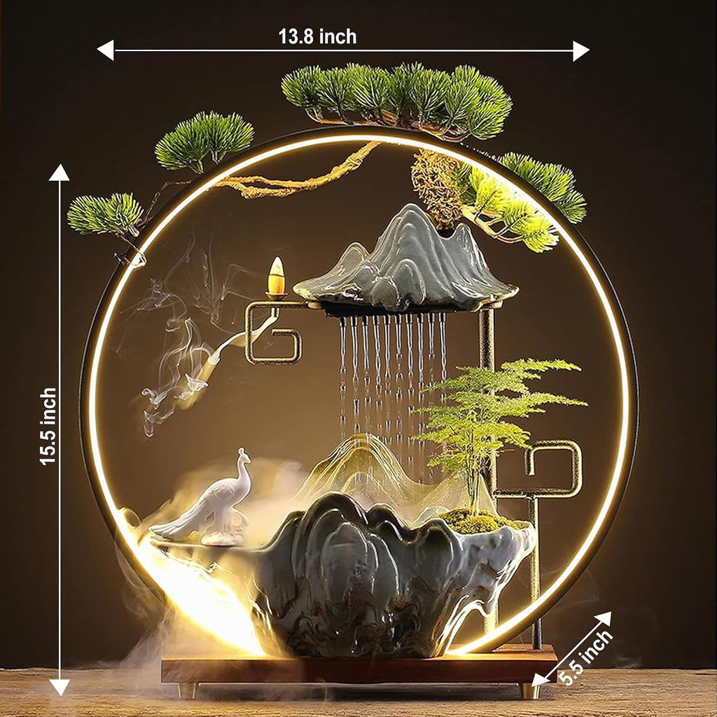 Peacock Tabletop Indoor Waterfall Fountain with Light - Backflow Incense Burner, Ceramic Zen Decor for Home Office Yoga Meditation