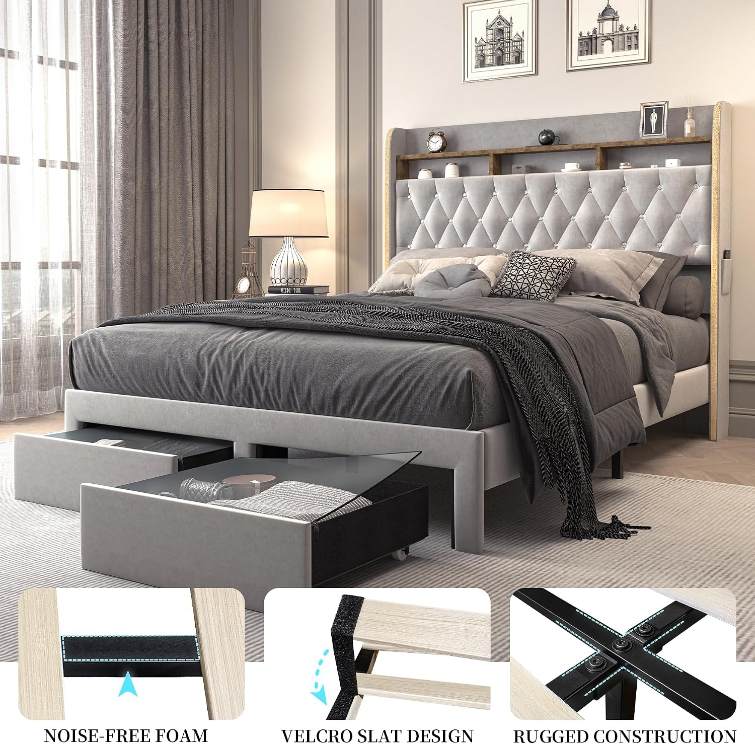 SIBEDS Full LED Bed Frame with Storage Drawers, Velvet Upholstered Platform Beds with Galaxy Star Projector Charging Station Speaker, Aurora Bedframe with 2-Tier Storage Headboard, Noise-Free, Grey