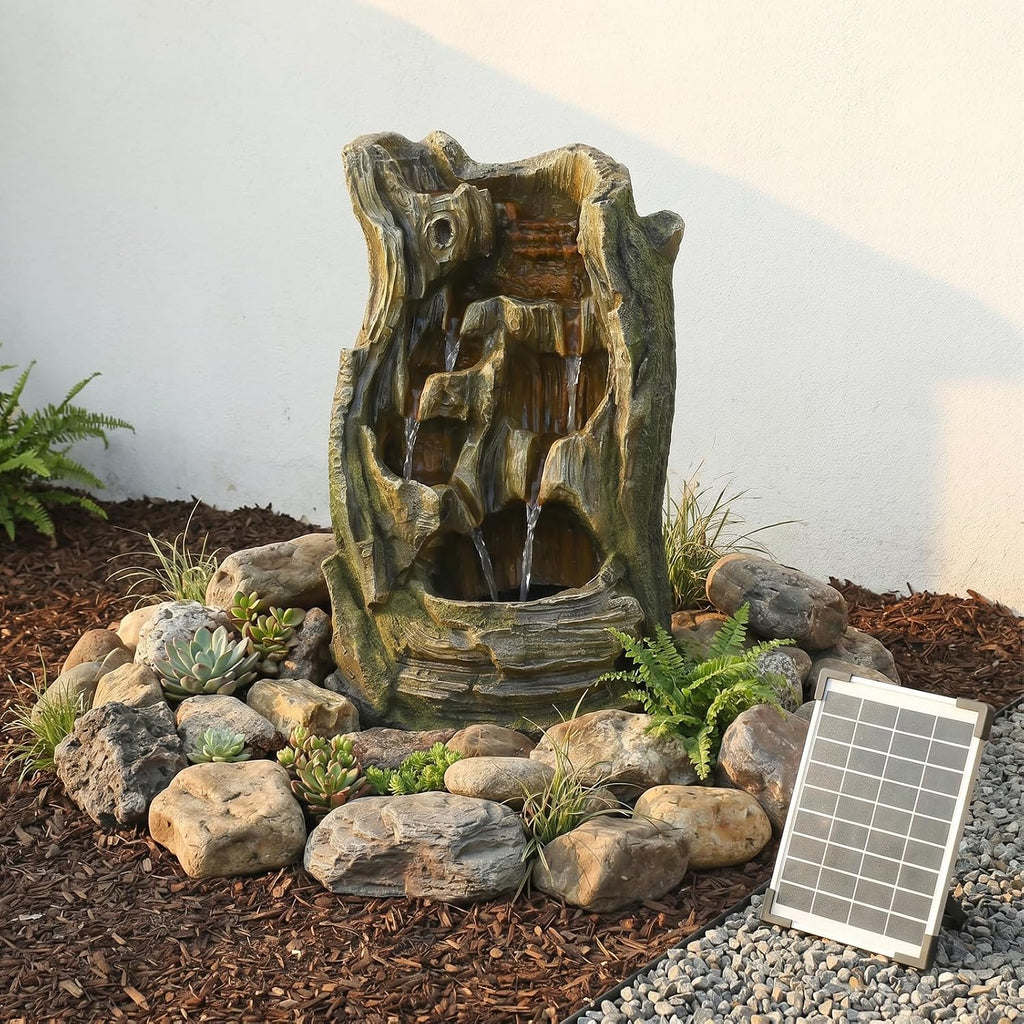 Bumilgar Solar Outdoor Water Fountain, 24.4' Tall Tree Stump Cascading Fountain with Solar Powered Pump, Realistic Wood Grain Resin Water Feature for Garden, Patio, Backyard and Yard Decor