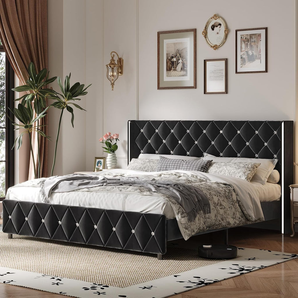 HOMBCK King Size Bed Frame Black, Velvet Upholstered Bed Frame King with Diamonds Tufted Headboard and Footboard, Wooden Slats Support, No Box Spring Needed, Easy Assembly, Black