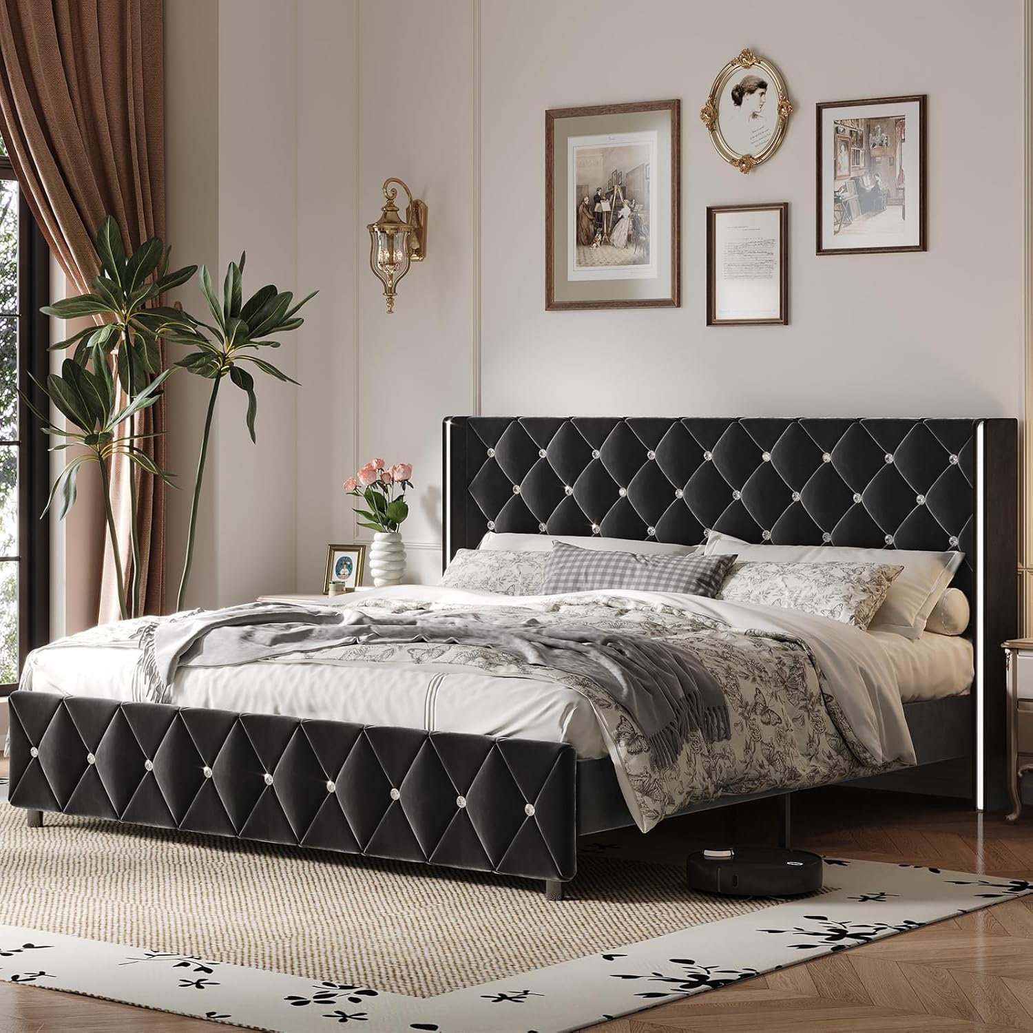 HOMBCK King Size Bed Frame Black, Velvet Upholstered Bed Frame King with Diamonds Tufted Headboard and Footboard, Wooden Slats Support, No Box Spring Needed, Easy Assembly, Black