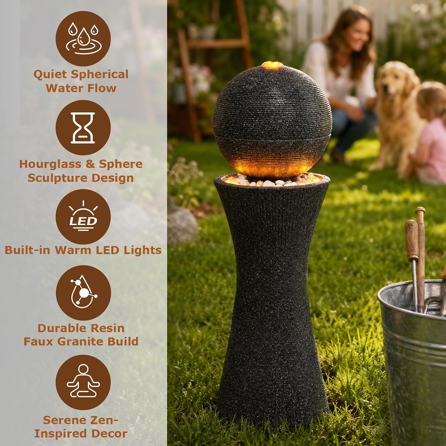 41.73' Tall Sphere Outdoor Water Fountain with LED Light, Modern Black Polyresin Sphere Floor Fountain Outdoor Water Feature with Curved Pedestal for Garden, Patio, Backyard, Porch and Home Art Decor