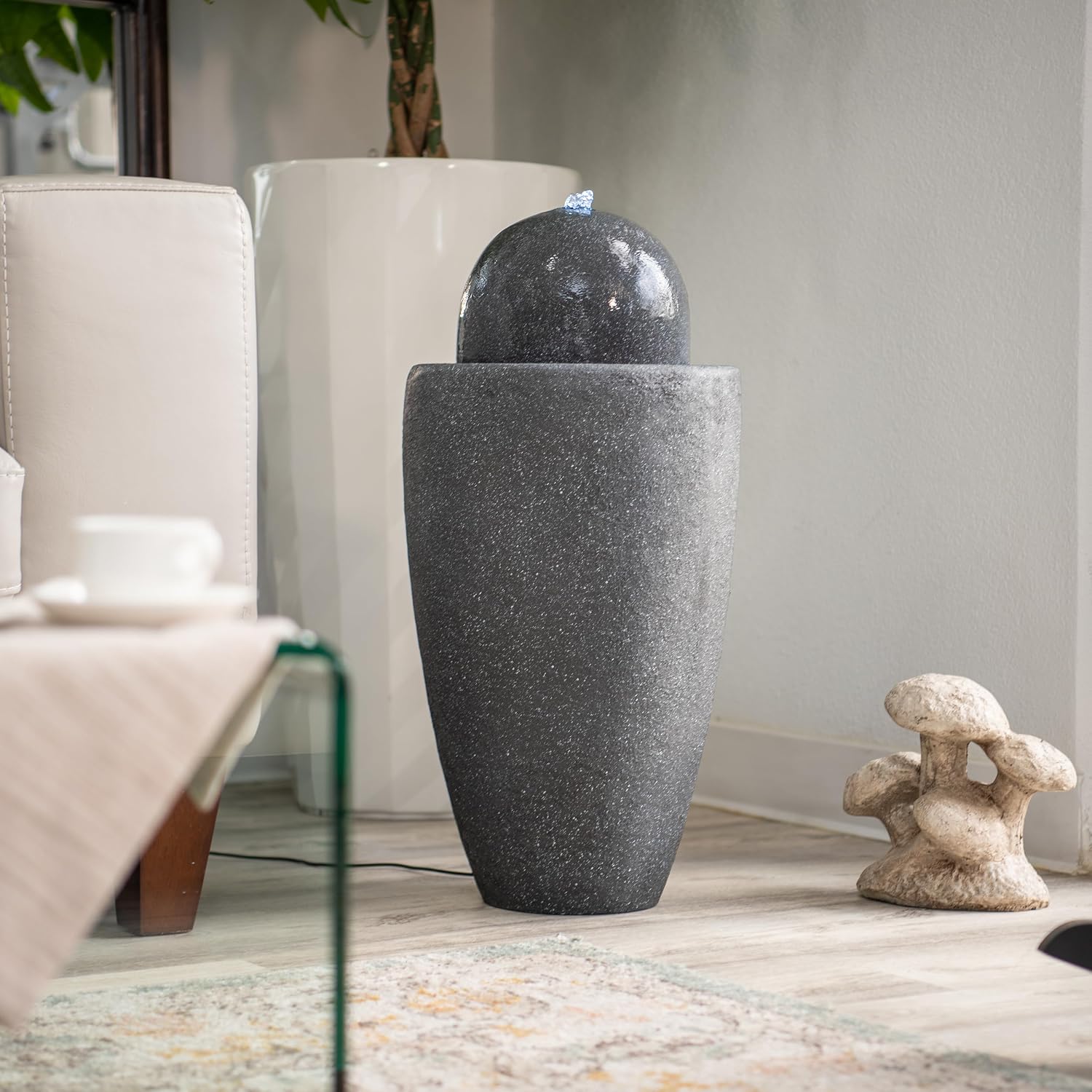 XBrand 26' Modern Sphere Water Fountain with LED Light – Indoor Outdoor Stone Texture Floor Fountain, Zen Bubbling Ball Water Feature for Garden Patio Porch - Gray