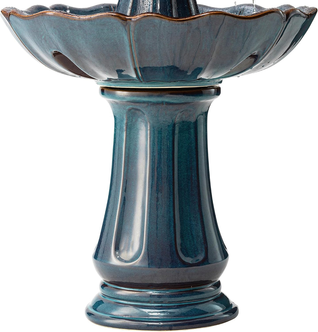 Glitzhome Outdoor 3 Tier Pedestal Fountain with LED Light & Pump - 45.25' H, Ceramic Turquoise Water Fountains Waterfall Large Floor-Standing Garden Fountain for Patio, Lawn, Backyard