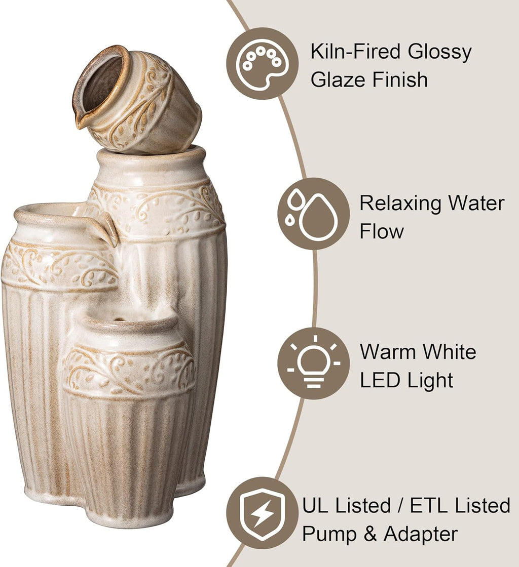 Glitzhome 27.25' H Outdoor Garden Water Fountain with LED Lights and Pump, 4 Tier Sand Beige Embossed Pattern Ceramic Pots Cascading Floor Standing Fountain for Porch Deck Patio Backyard Decoration