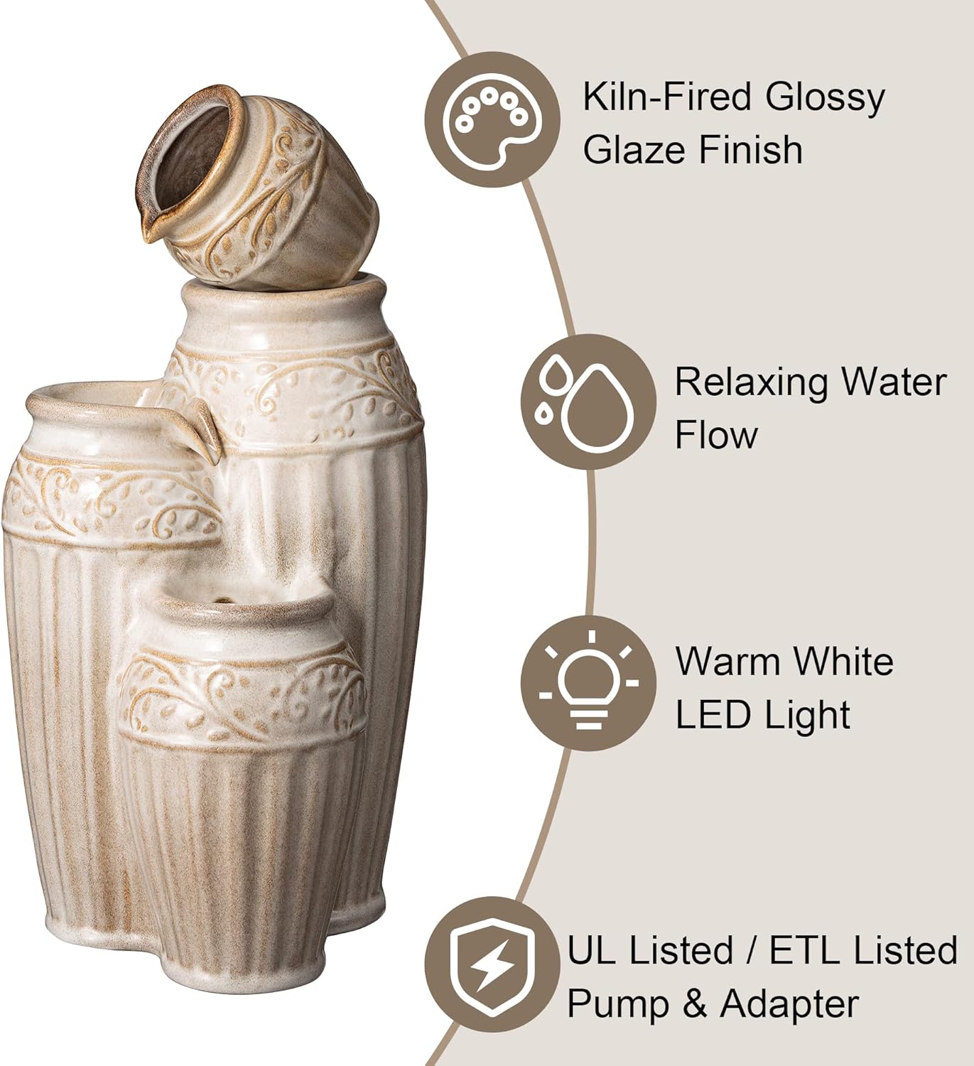 Glitzhome 27.25' H Outdoor Garden Water Fountain with LED Lights and Pump, 4 Tier Sand Beige Embossed Pattern Ceramic Pots Cascading Floor Standing Fountain for Porch Deck Patio Backyard Decoration
