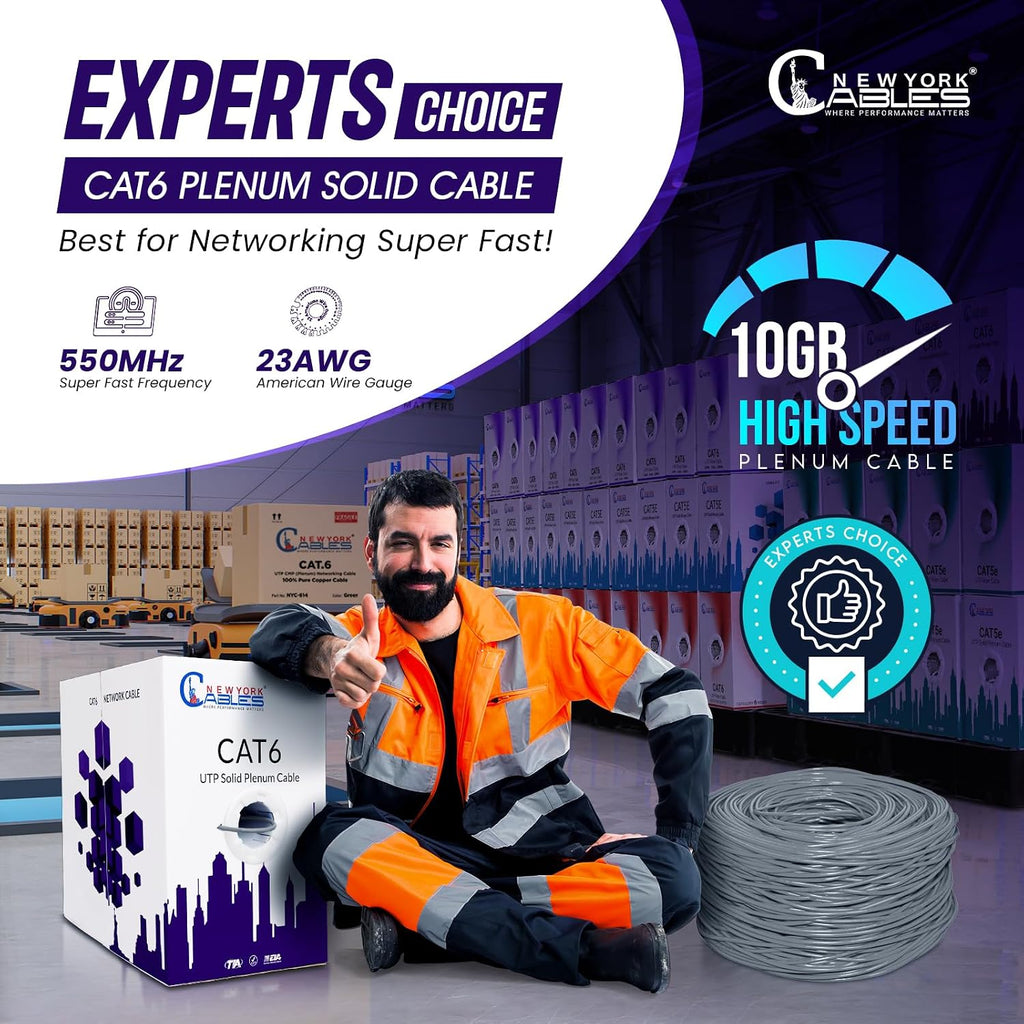 NewYork Cables | CAT6 Plenum Cable 1000ft | UTP, 550MHz, 23AWG, 4Pair 10GB | Most Certified CMP-Rated Fire-Resistant Bulk Cat 6 Ethernet Cable for Networking & Gaming (1000ft, Solid Conductor, Grey)