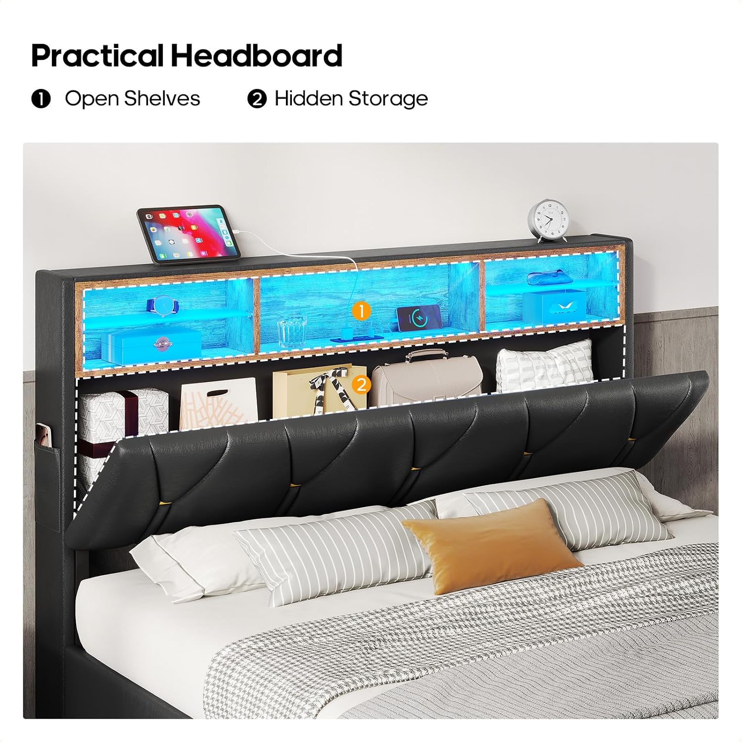 HAUOMS LED Full Bed Frame with Type-C & USB Charging Station, Full Size Bed Frame with Storage Headboard, Modern Pu Leather Platform Bed with Shelf Headboard, Easy Assembly, Noise-Free, Black