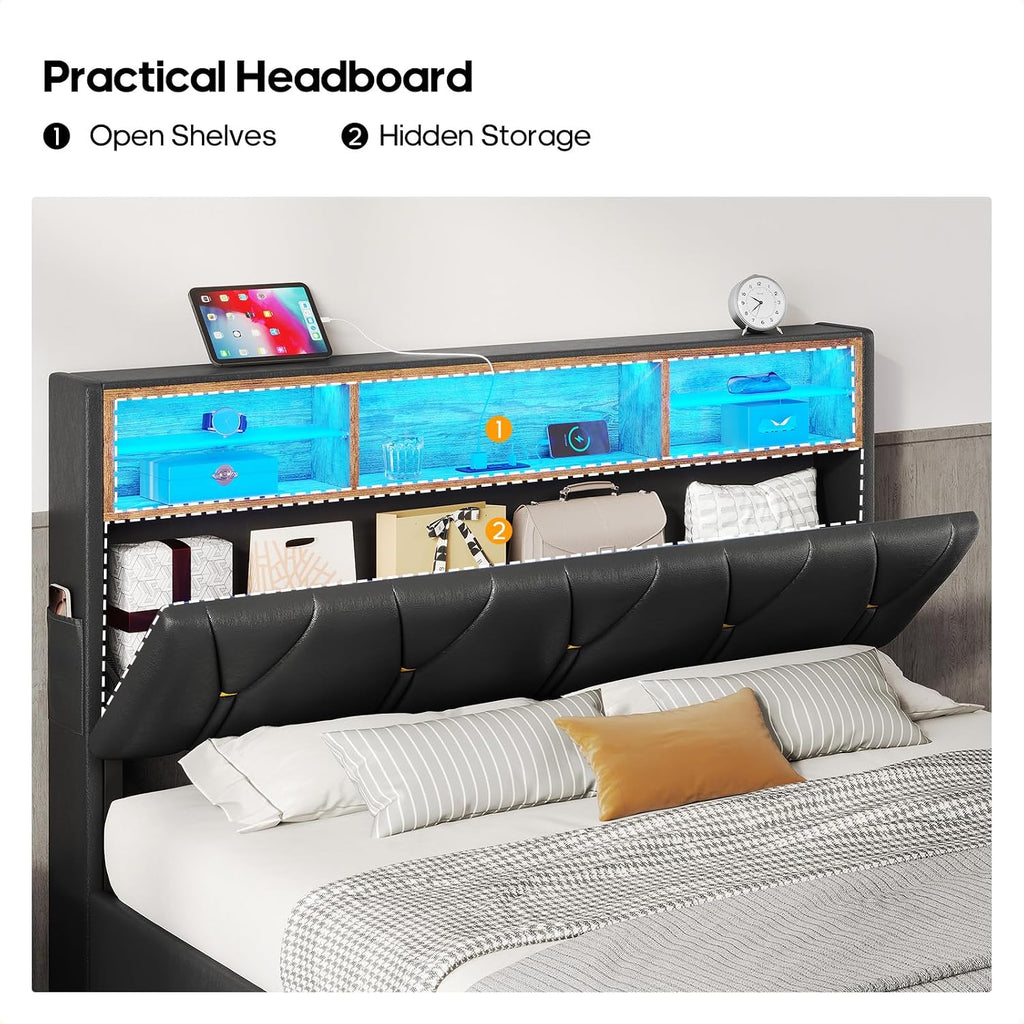 HAUOMS Queen Bed Frame with Storage Headboard and RGB LED Lights, PU Leather Platform Bed Frame Queen Size with Type-C & USB Charging Station, Stable Easy Assembly, No Box Spring Needed, Black