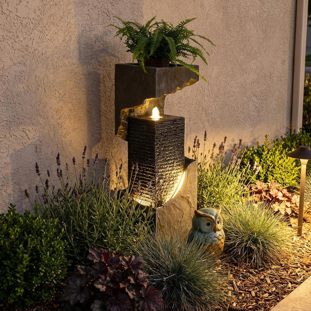 Modern Rectangular Water Fountain Outdoor with LED Lights & Planter Top, 35.4' Tall Resin Cascading Waterfall Feature for Patio Backyard Garden Décor, Outdoor Water Feature