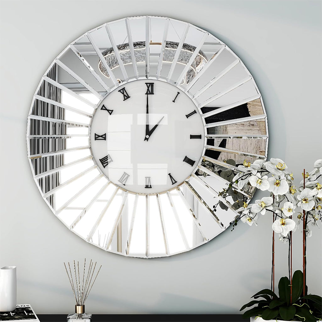 SHYFOY Mirrored Wall Clocks, 24' Decorative Large Clock for Wall Decor, Oversize Glass Wall Clock for Living Room, Big Silver Clock Modern Luxury Home Decor