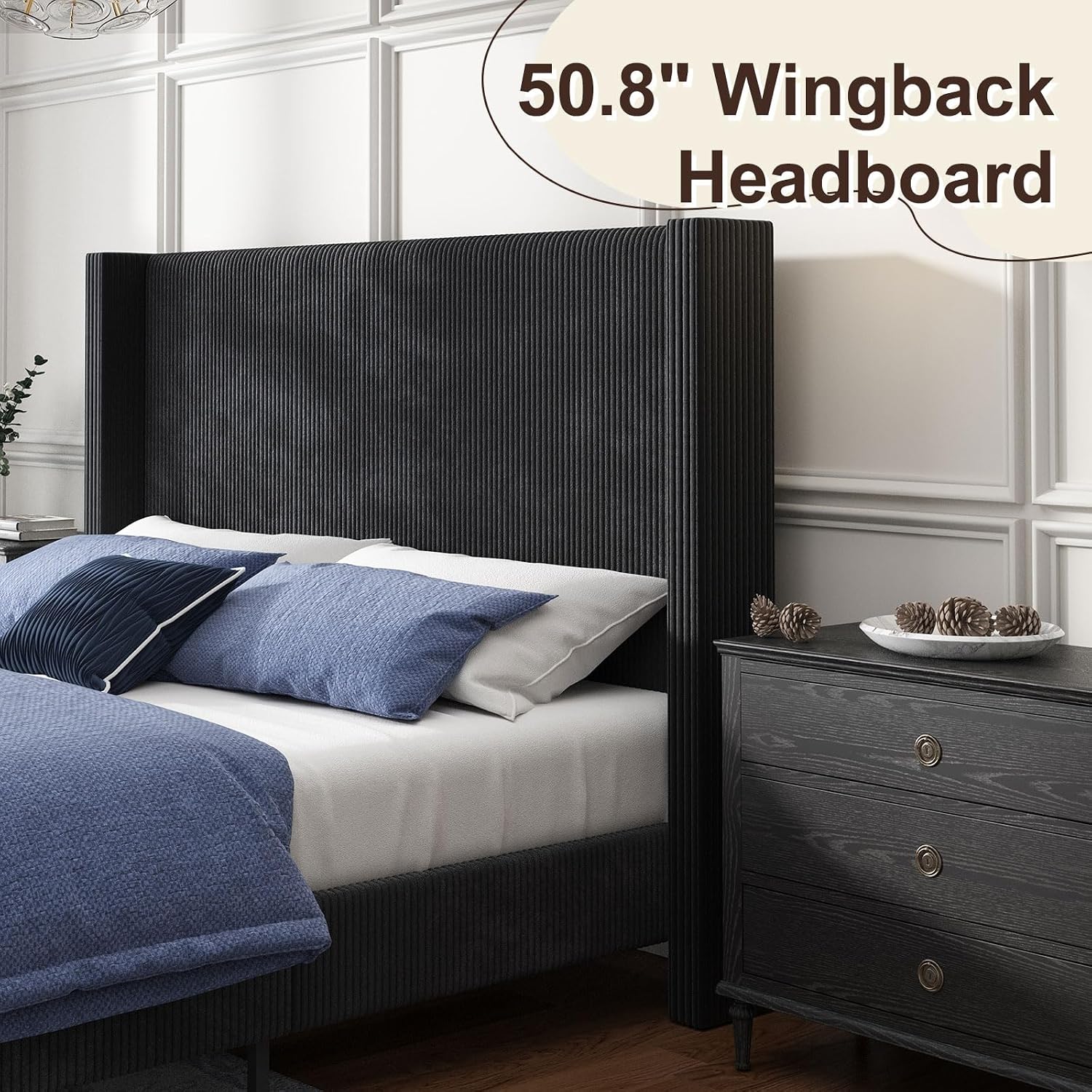 HOWE Queen Size Bed Frame with 50.8' Tall Wingback Headboard, Modern Corduroy Upholstered Platform Bed Frame with Solid Wood Slats & Legs, No Box Spring Needed, Noise-Reducing Design, Black