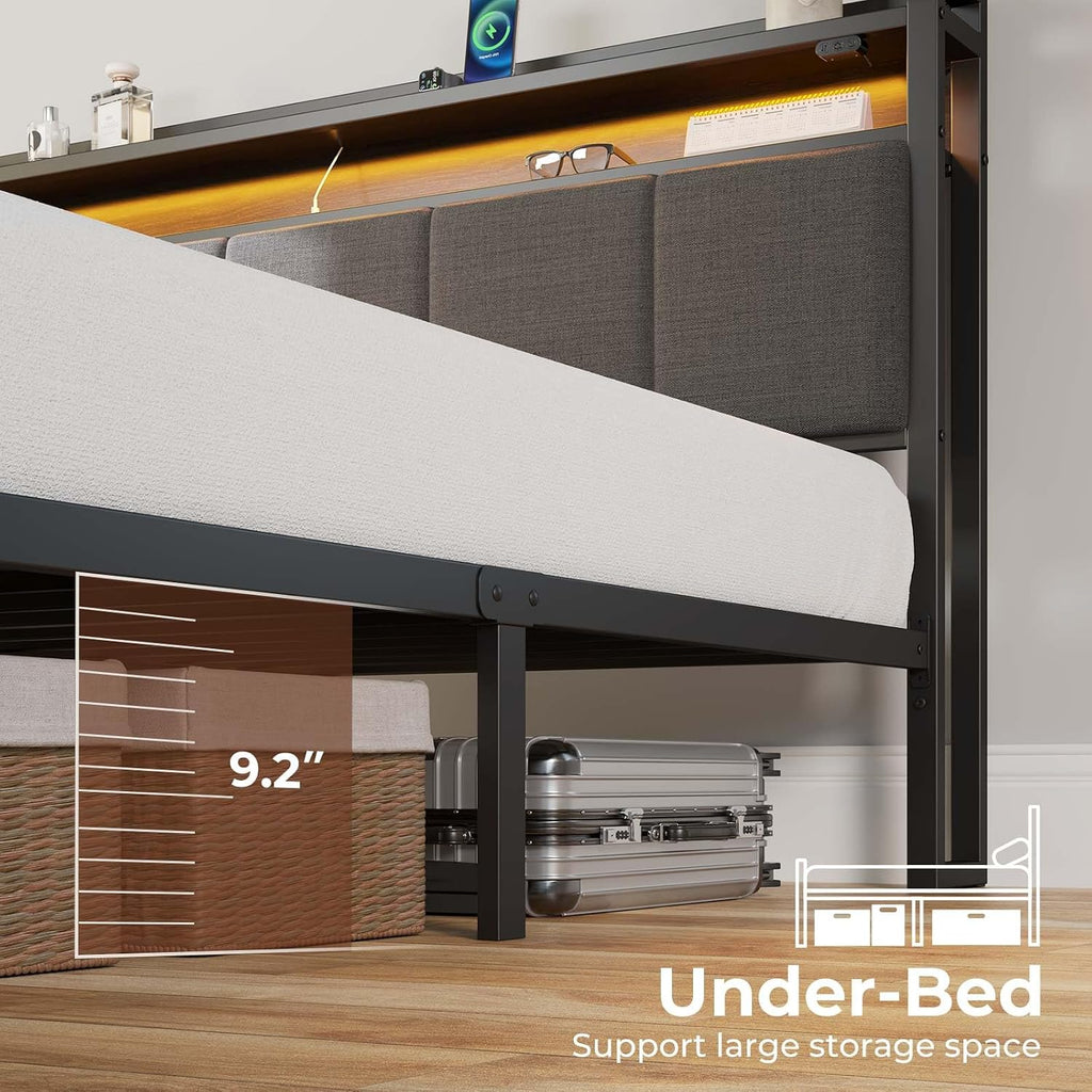Rolanstar Queen Bed Frame with LED Lights, Upholstered Headboard, Charging Station, Storage Shelves, Heavy Duty Metal Slats, No Box Spring Needed, Noise Free, Easy Assembly, Dark Grey